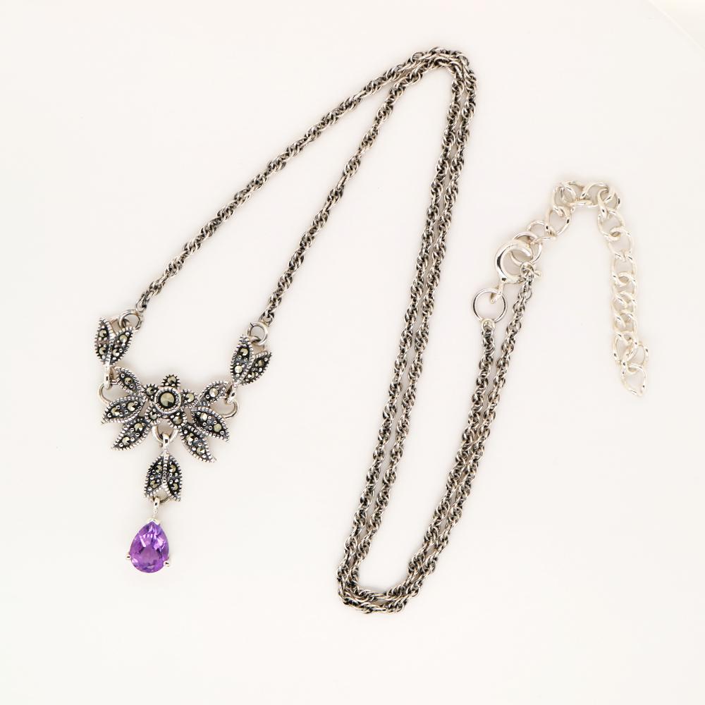 Floral Petal Necklace with Amethyst and Marcasite in Silver, Anniversary gift