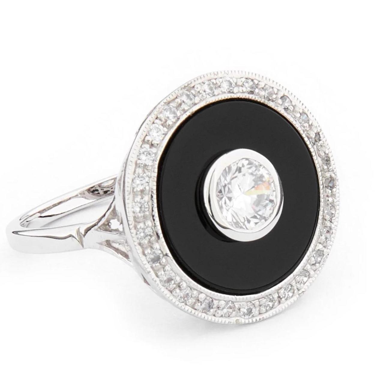 Art Deco Ring in Cubic Zirconia, Black Onyx and Sterling Silver