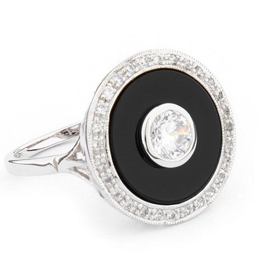 Art Deco Ring in Cubic Zirconia, Black Onyx and Sterling Silver