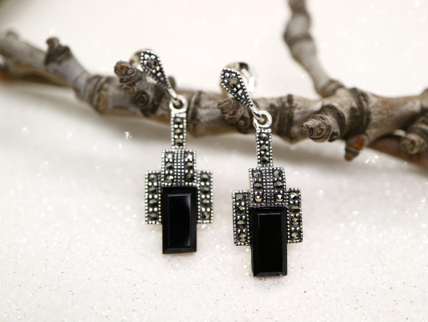 Art Deco Onyx earrings, Sterling silver onyx and marcasite earrings, Art Deco silver earring