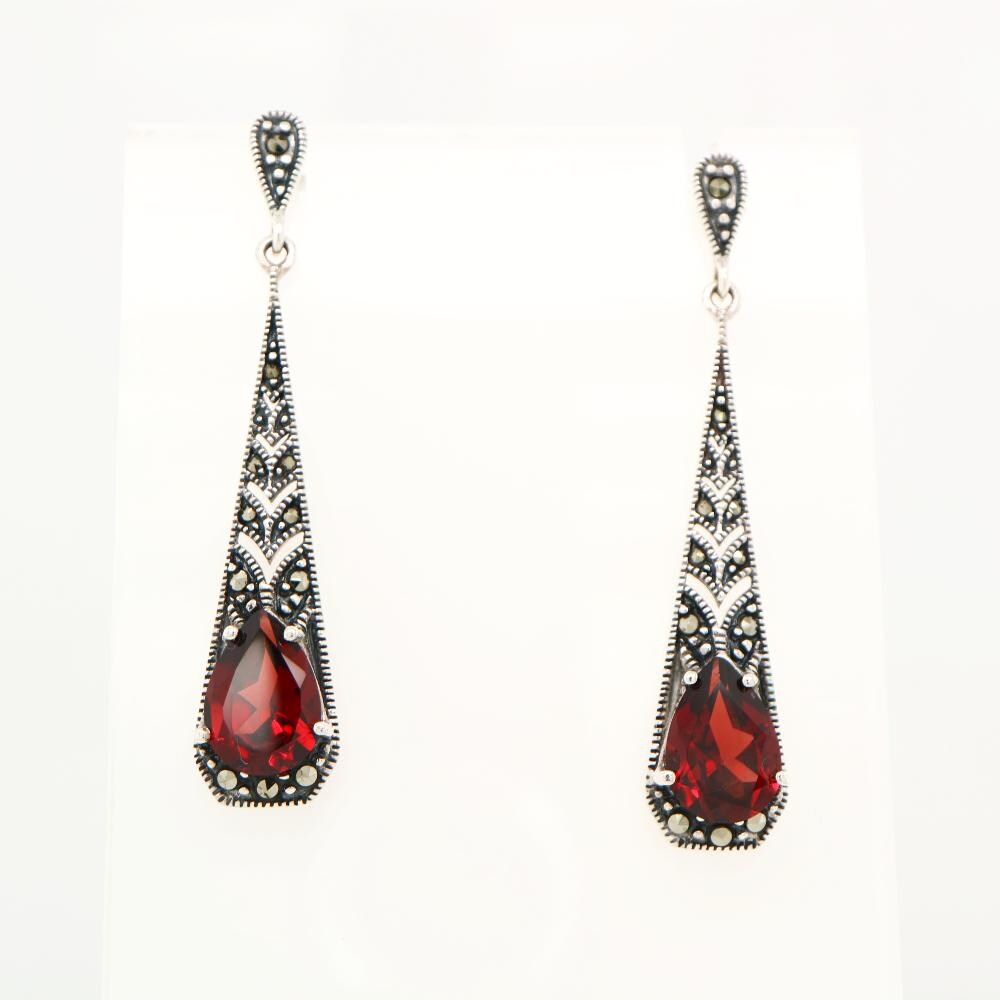 Art Deco Garnet Drop Earrings with Marcasite in Silver
