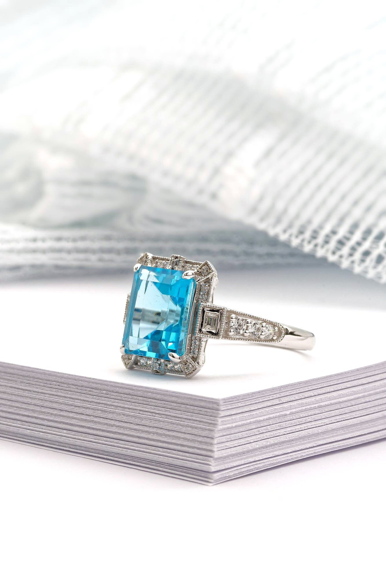 Art Deco vintage blue topaz  ring, Emerald cut blue topaz and diamond ring, White gold engagement ring, Topaz wedding ring, Anniversary gift