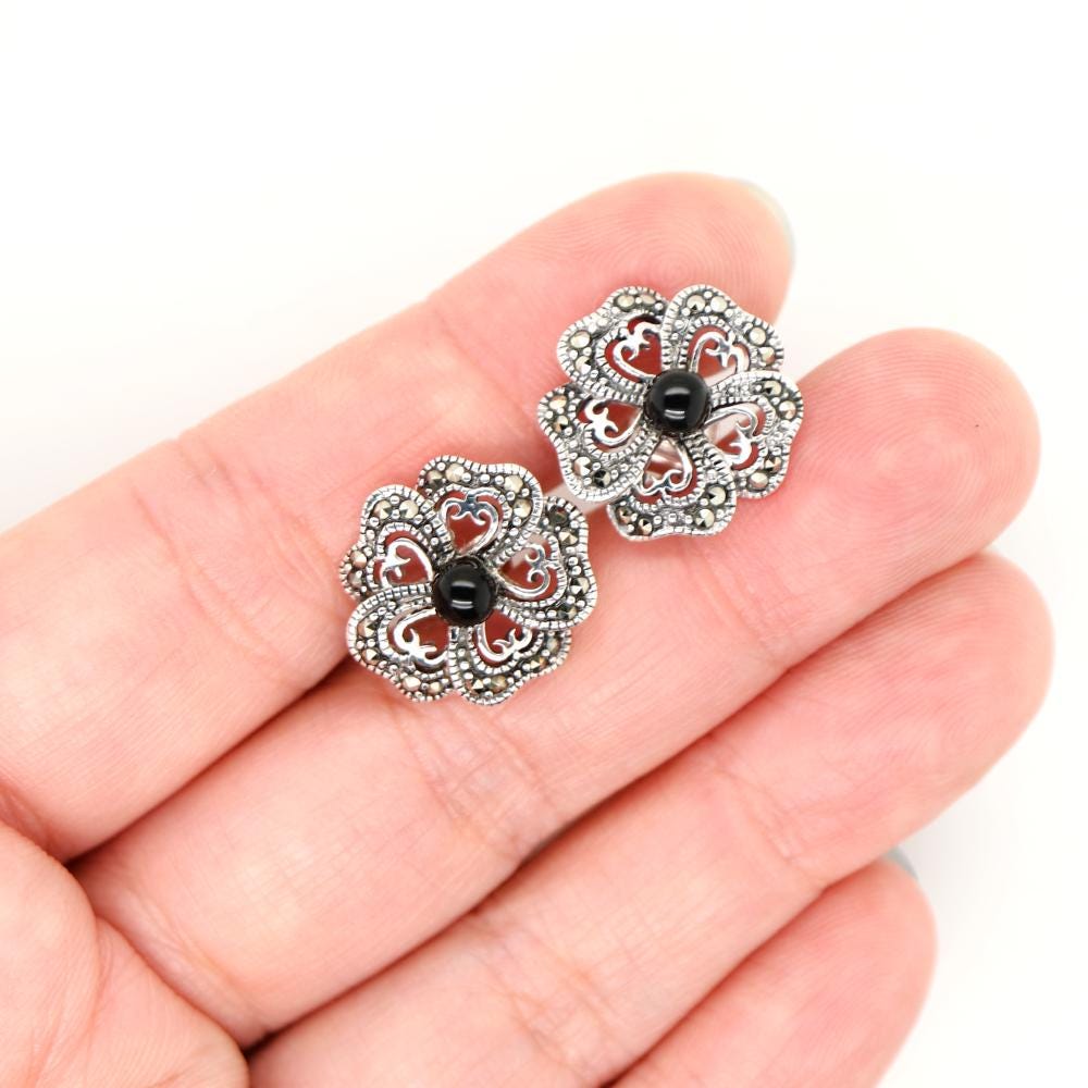 5 Petal Flower Stud Earrings in Silver with Marcasite and Onyx
