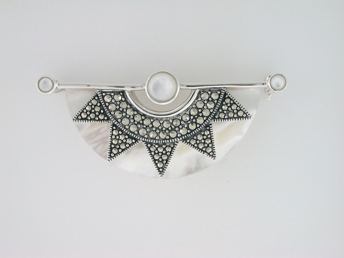 Art Deco sterling silver Onyx fan Brooch, Art Deco pearl fan booch with marcasite in sterling silver