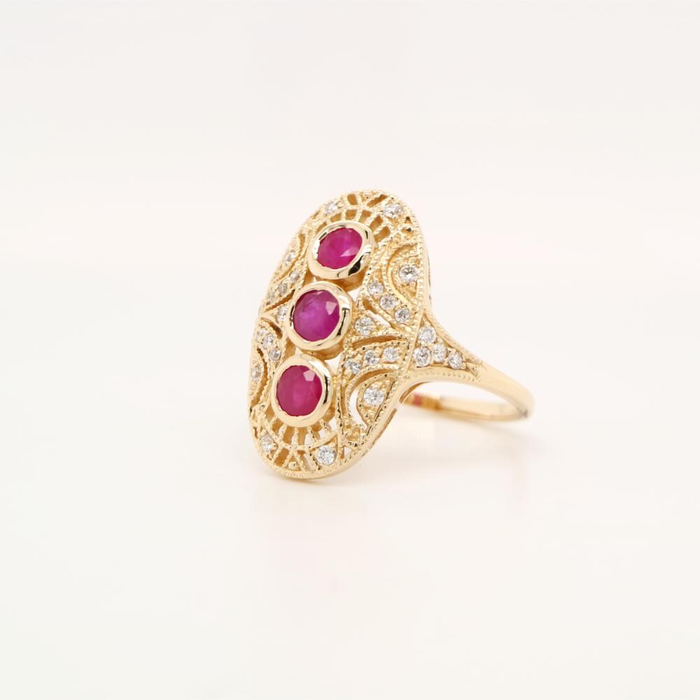 Ruby Diamond Three Stone Ring in 9ct Yellow Gold