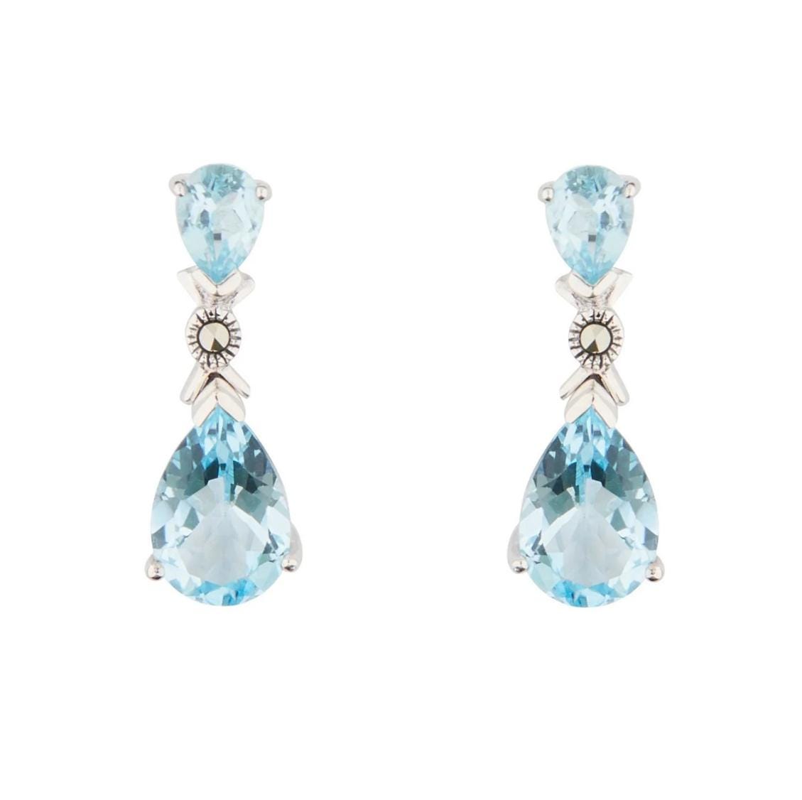 Art Deco Drop Earrings in Blue Topaz, Marcasite and Sterling Silver