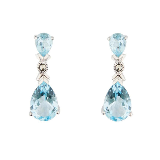 Art Deco Drop Earrings in Blue Topaz, Marcasite and Sterling Silver