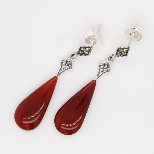 Art Deco Drop Earrings with Carnelian Drop, Marcasite in Sterling Silver