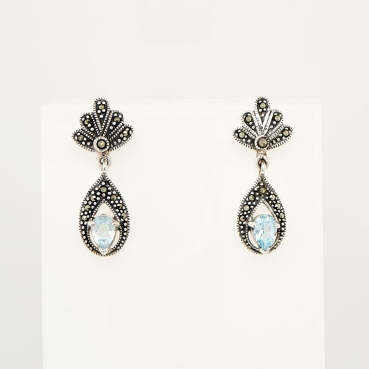 Blue Topaz Drop Earring with Marcasite in Sterling Silver