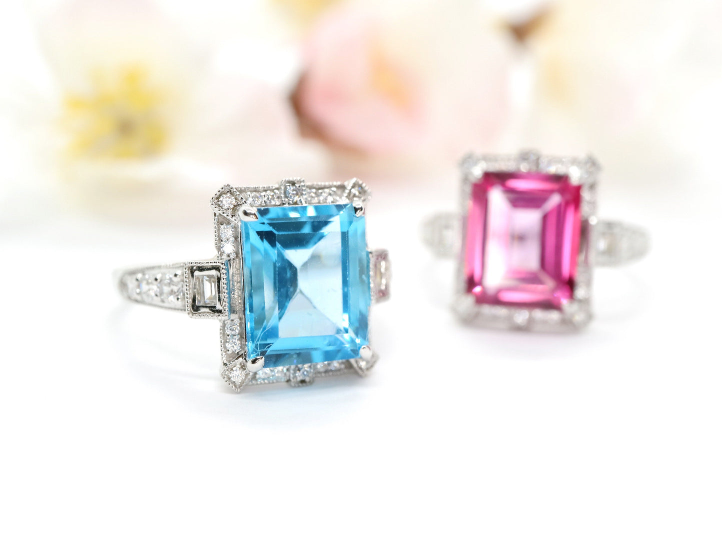 Art Deco vintage blue topaz  ring, Emerald cut blue topaz and diamond ring, White gold engagement ring, Topaz wedding ring, Anniversary gift