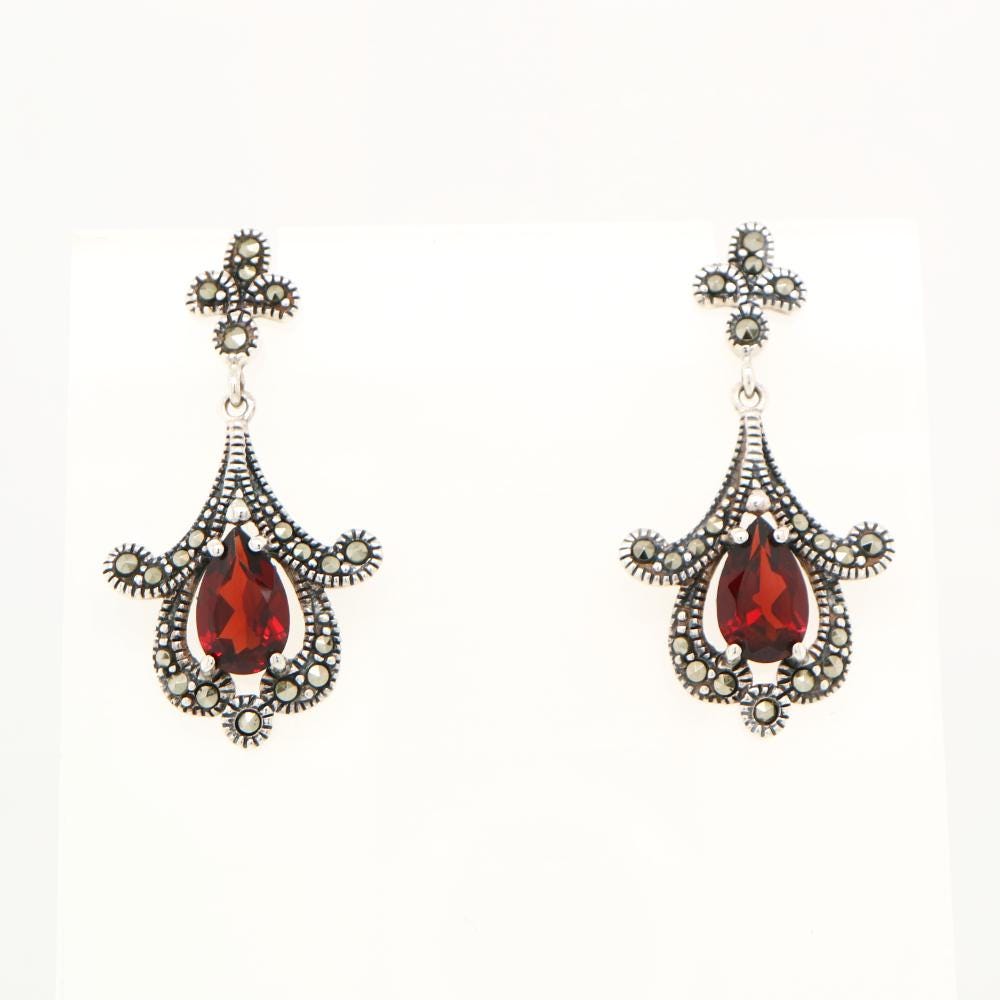 Garnet Art Deco Earrings with Marcasite in Silver