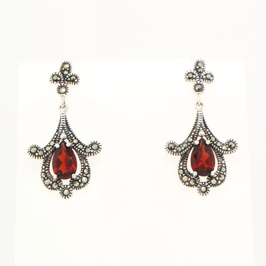 Garnet Art Deco Earrings with Marcasite in Silver