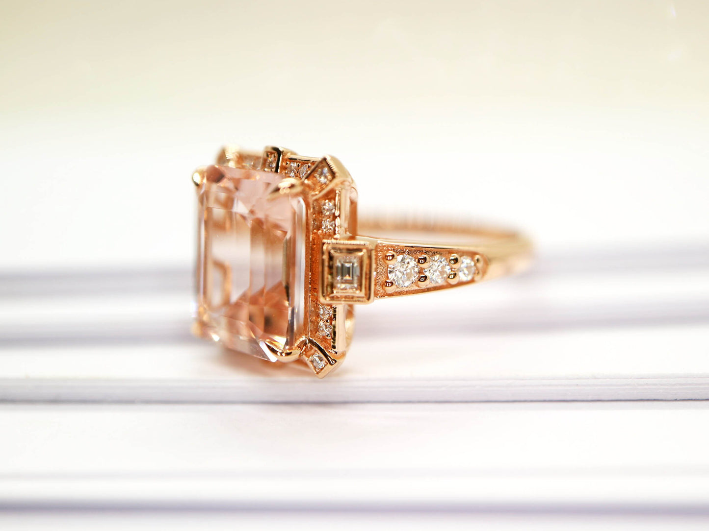 Art Deco vintage Morganite ring, Rose gold diamond ring, Art deco vintage ring, Rose gold engagement ring, Rose gold wedding ring,