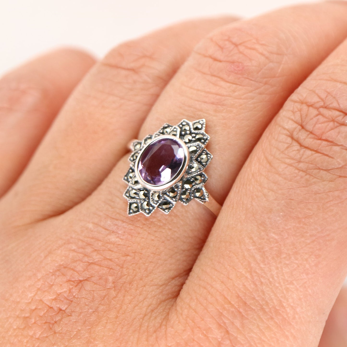 Marcasite Burst Ring with Amethyst Center Stone in Silver