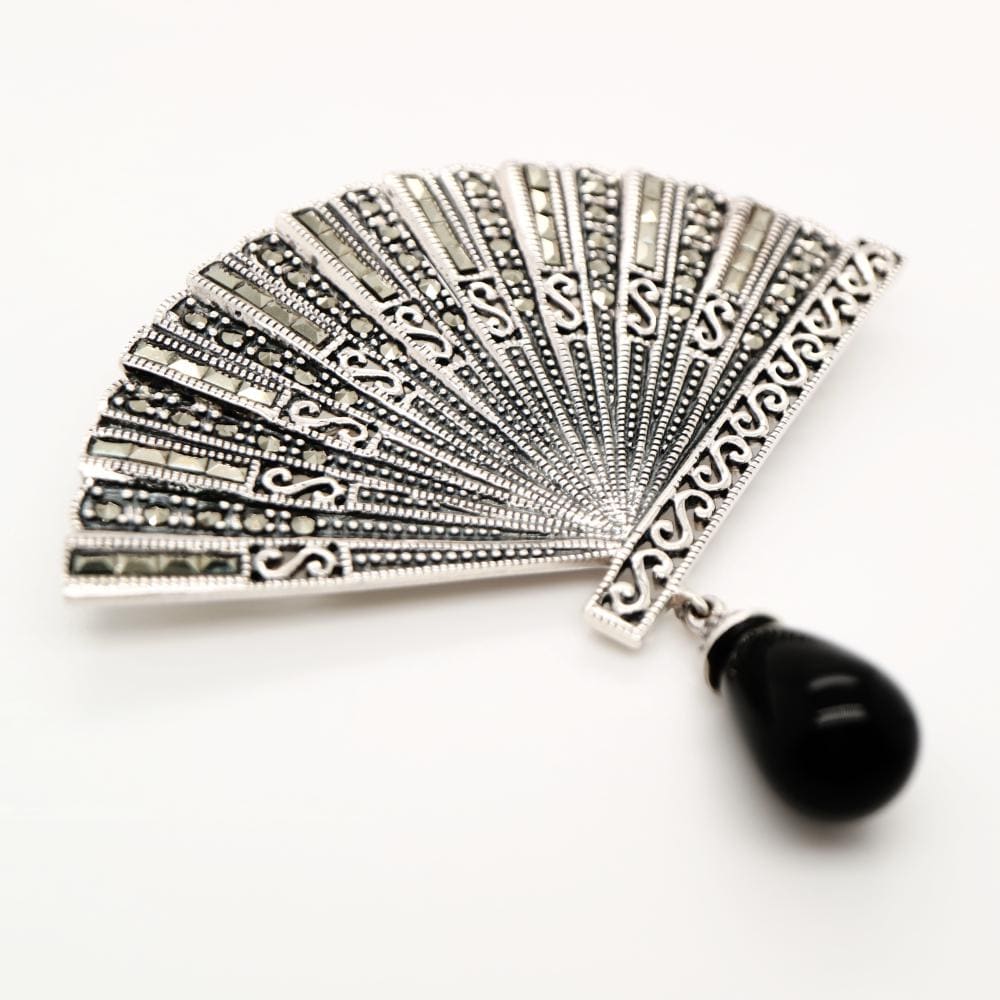 Marcasite Fan in Marcasite with Onyx Drop in Sterling Silver