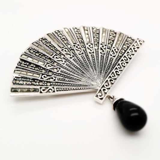 Marcasite Fan in Marcasite with Onyx Drop in Sterling Silver
