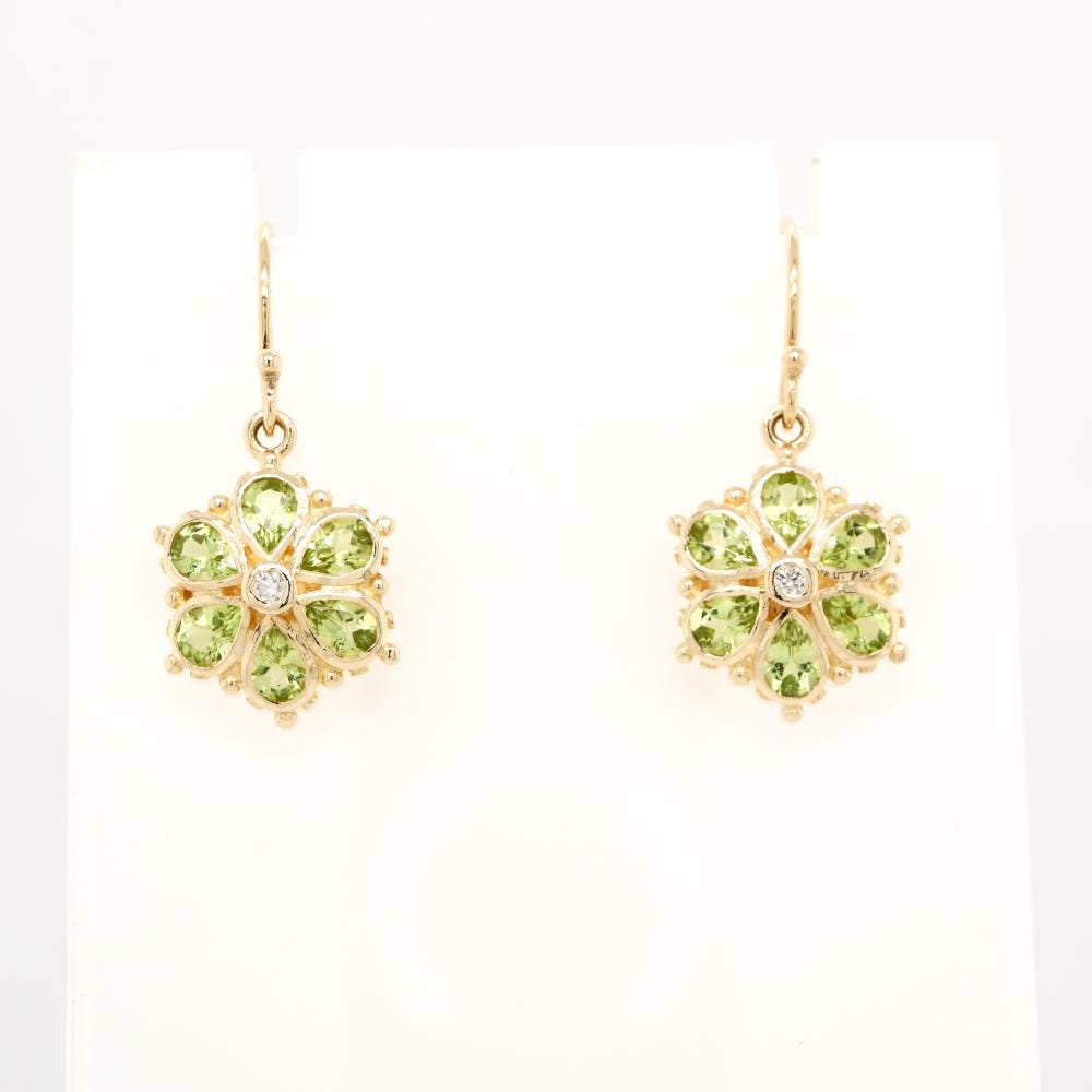 Peridot Petal Flower Earrings with Diamond in Yellow Gold, Custom made jewelry