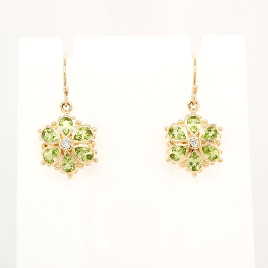 Peridot Petal Flower Earrings with Diamond in Yellow Gold, Custom made jewelry