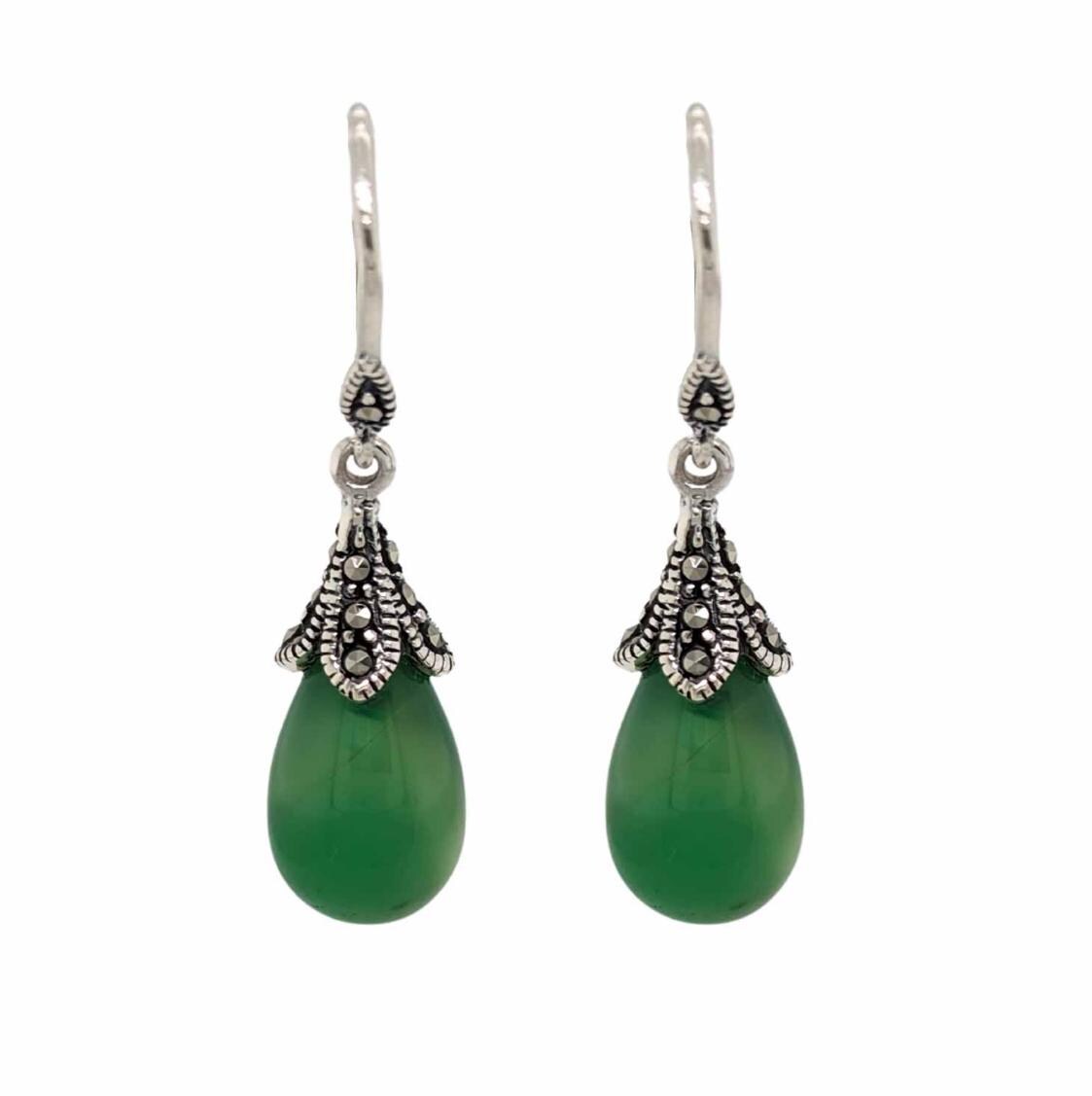 Gemstone Drop Earrings in Sterling Silver with Marcasite