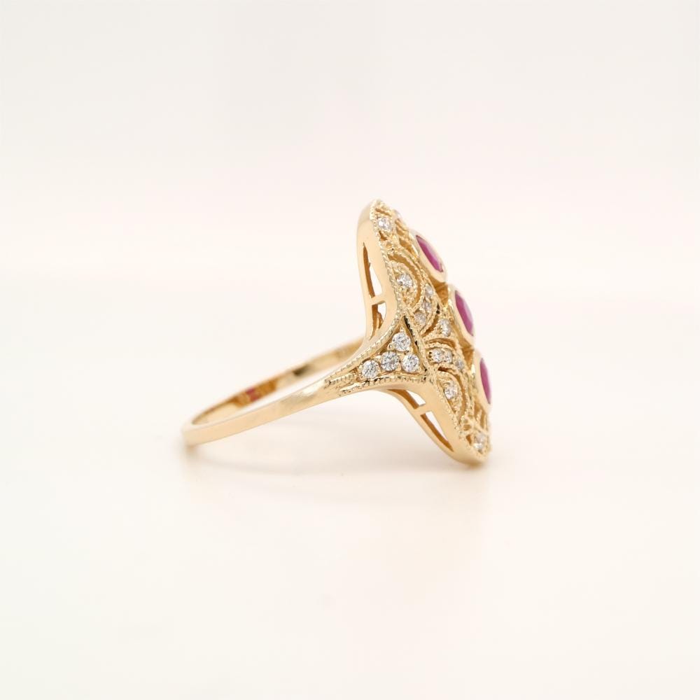 Ruby Diamond Three Stone Ring in 9ct Yellow Gold