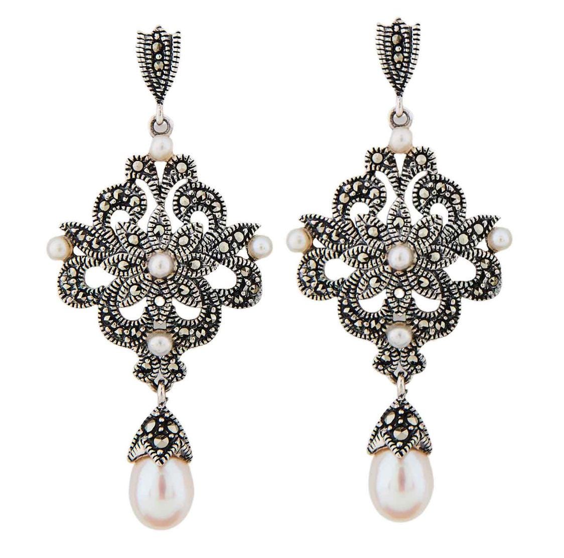 Edwardian Style Earrings in Fresh Water Pearl, Marcasite and Sterling Silver