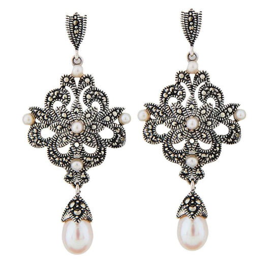 Edwardian Style Earrings in Fresh Water Pearl, Marcasite and Sterling Silver