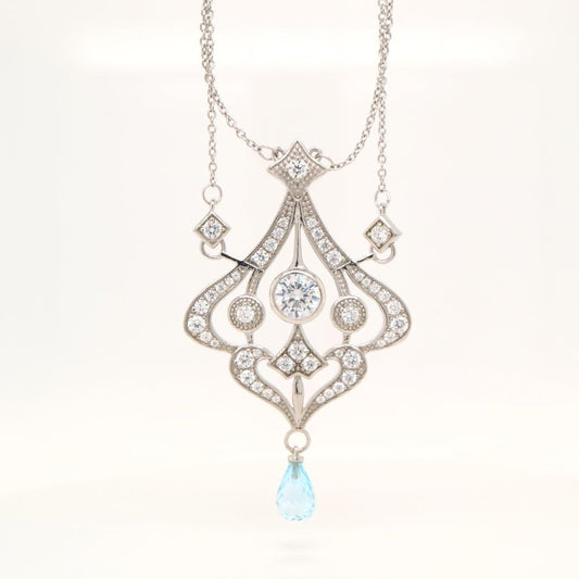 Edwardian Style Necklace with Blue Topaz Drop and CZ centre in Sterling Silver