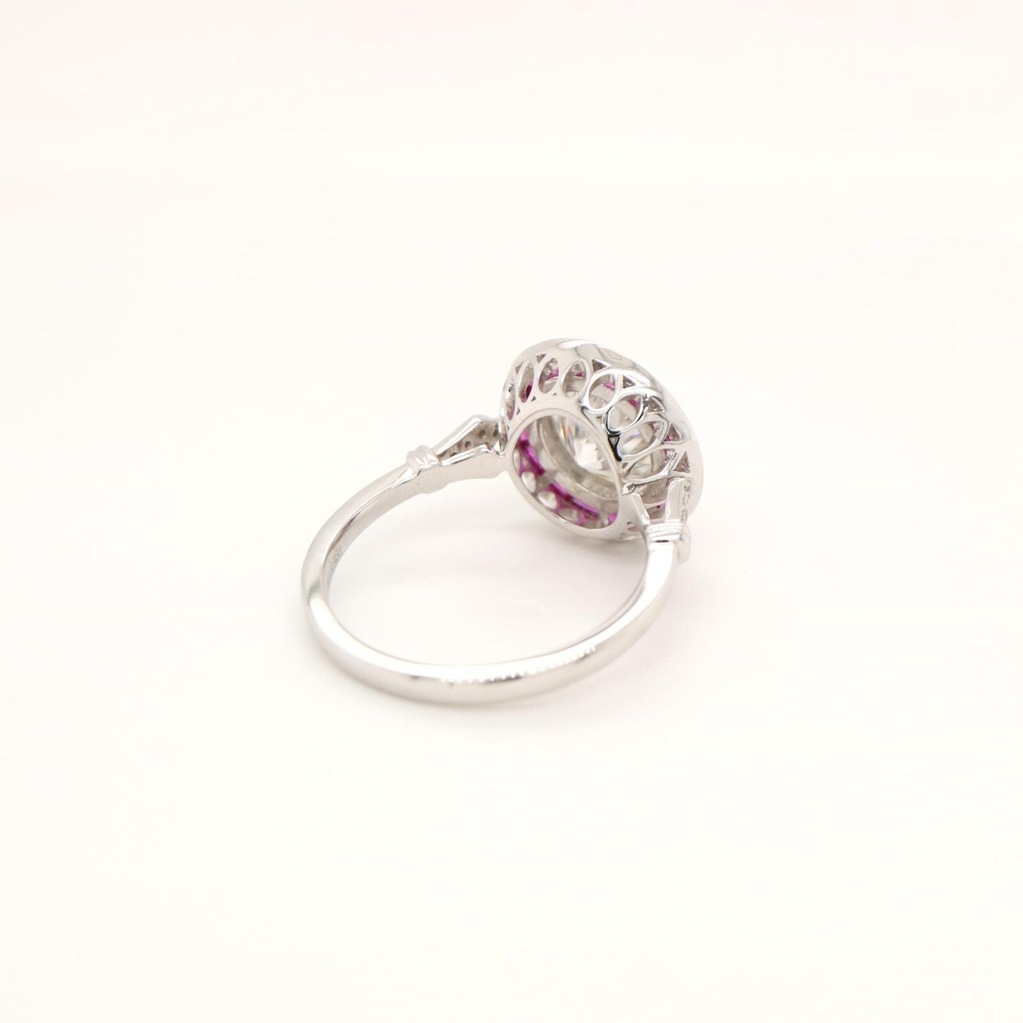 Vintage gold and natural ruby  halo ring with moissanite centre stone, Natural ruby halo ring
