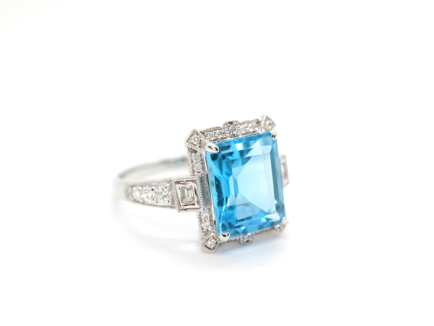 Art Deco vintage blue topaz  ring, Emerald cut blue topaz and diamond ring, White gold engagement ring, Topaz wedding ring, Anniversary gift