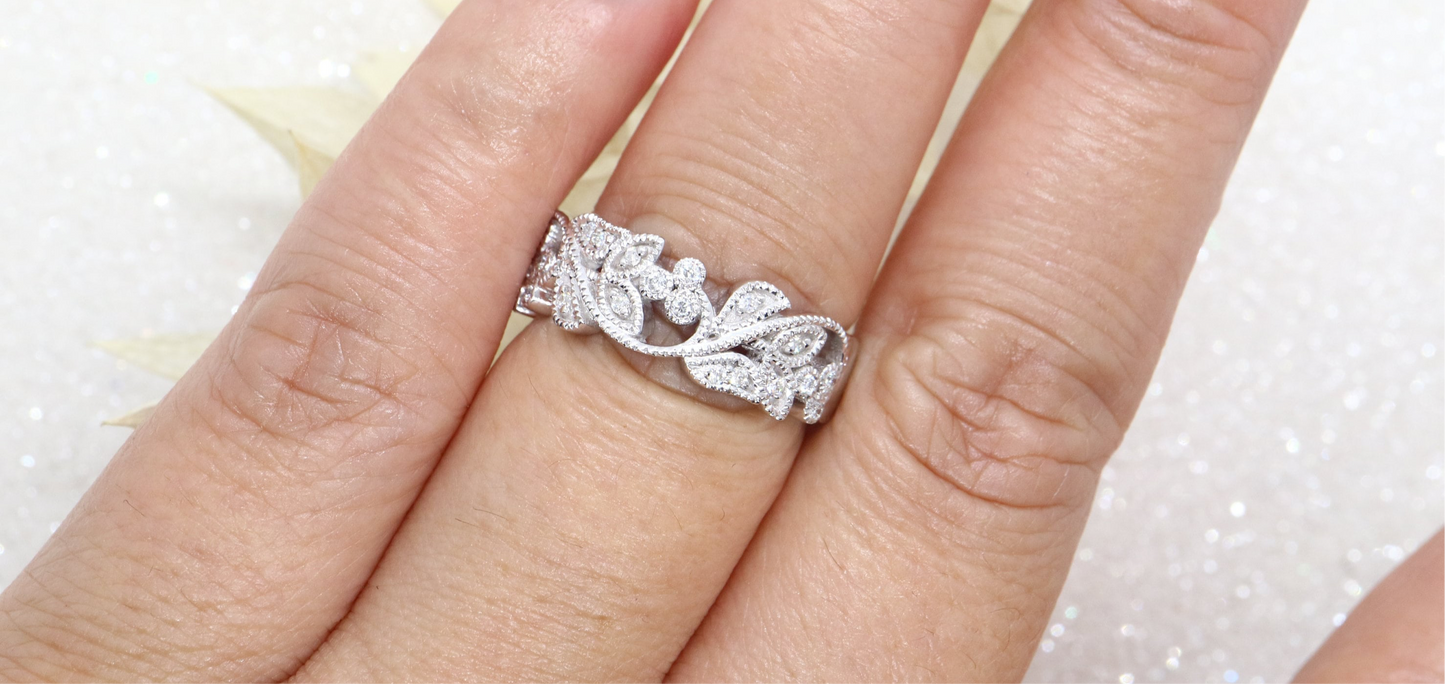14k Vine and leaf white gold diamond ring , Filigree diamond ring, natural inspired round sapphire and diamond vine band