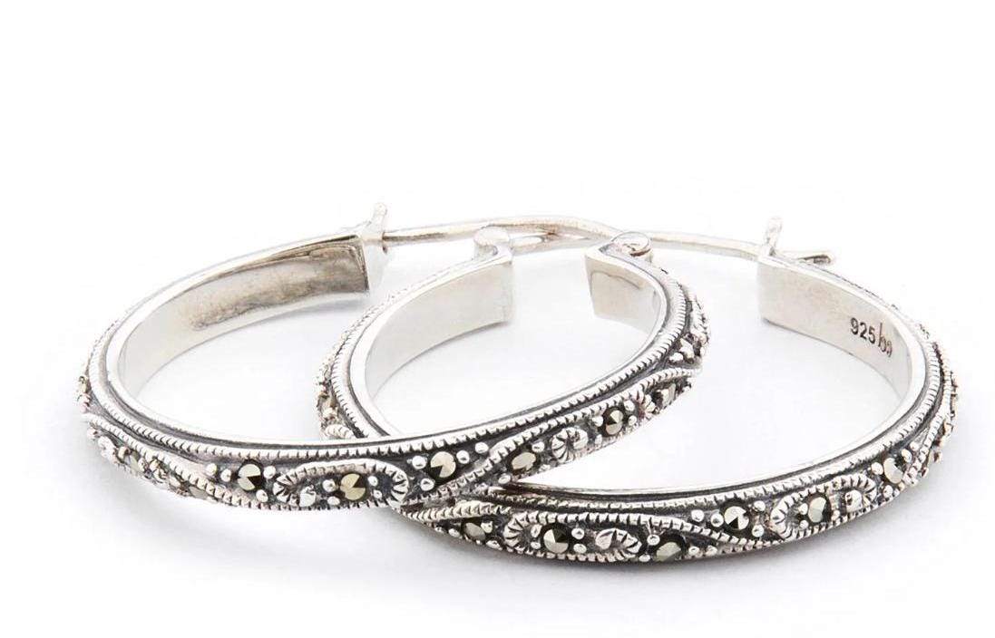 Art Deco Hoop Earrings in Marcasite in Sterling Silver