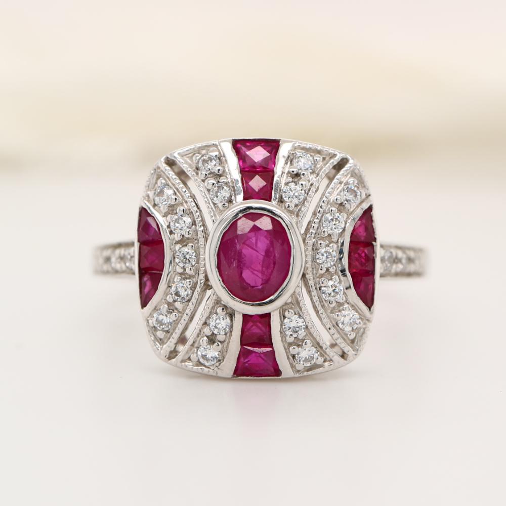 Sterling Silver Art deco Ruby Gem Cluster Ring