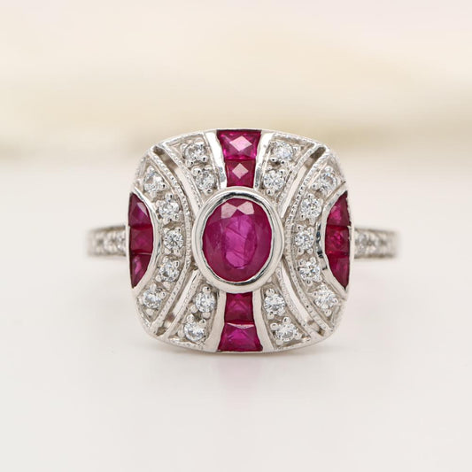 Sterling Silver Art deco Ruby Gem Cluster Ring