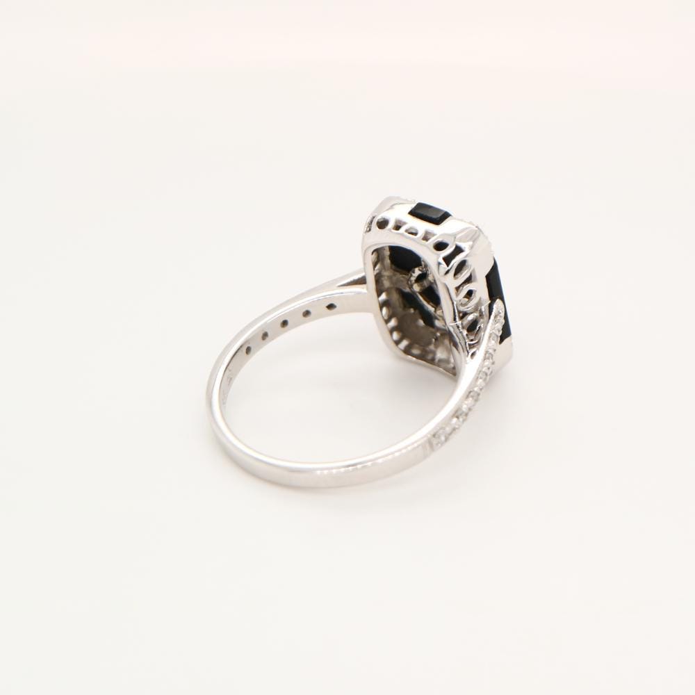 Art deco step cut ring with onyx and diamond in white gold, Onyx and diamond statement ring, Art deco onyx and diamond ring