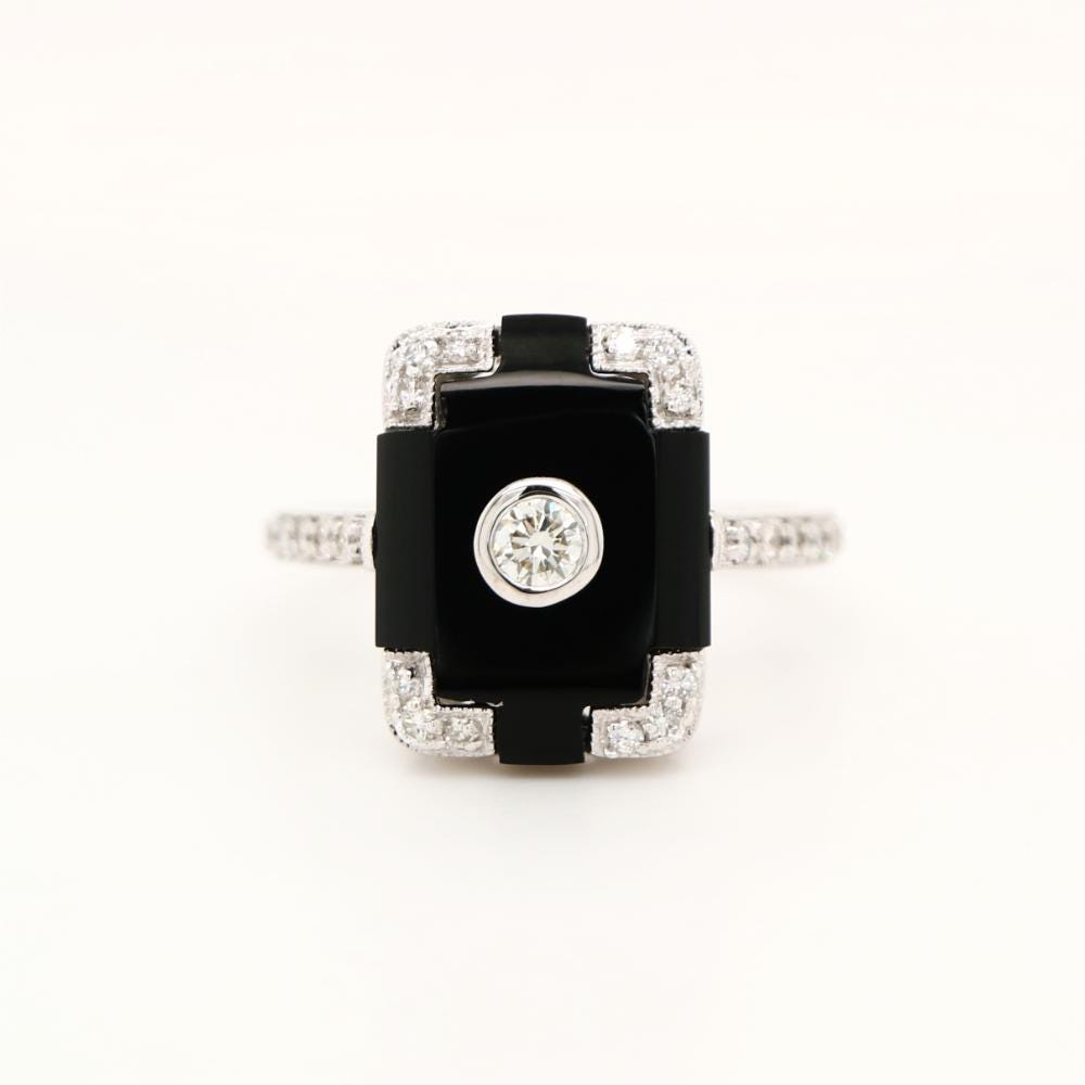 Art deco step cut ring with onyx and diamond in white gold, Onyx and diamond statement ring, Art deco onyx and diamond ring