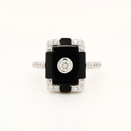 Art deco step cut ring with onyx and diamond in white gold, Onyx and diamond statement ring, Art deco onyx and diamond ring