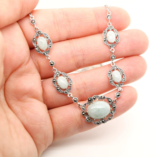 Jade and Marcasite Necklace in Sterling Silver, Sterling silver Jade and marcasite necklace