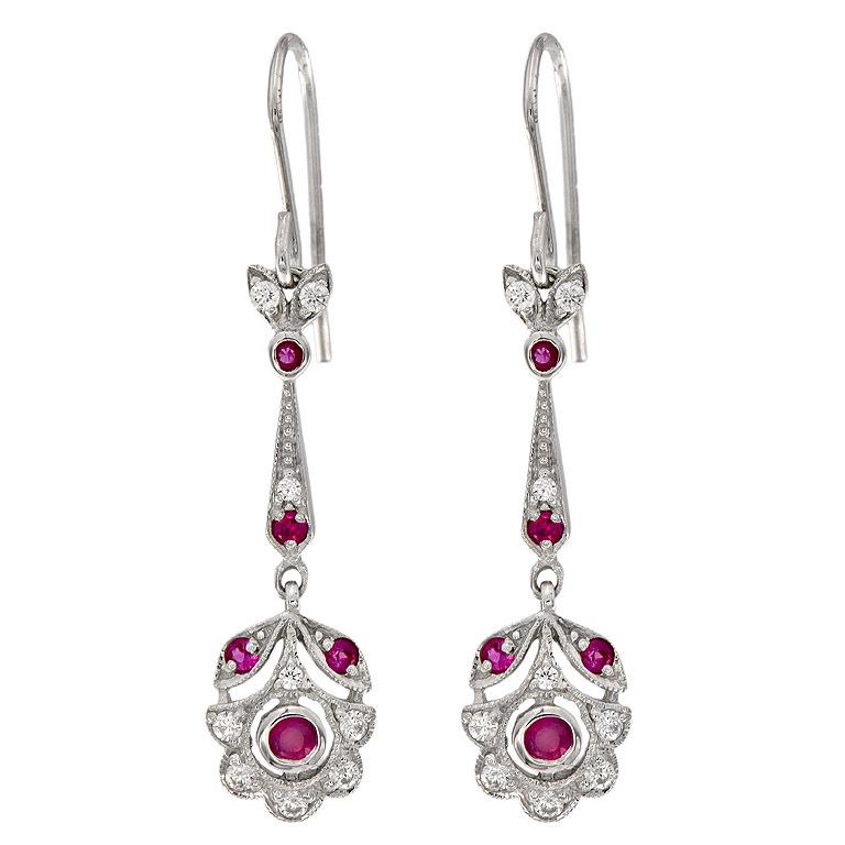 Sterling silver Art Deco earrings, Solid Gold Art Deco Drop Earrings with Diamonds and Gemstones