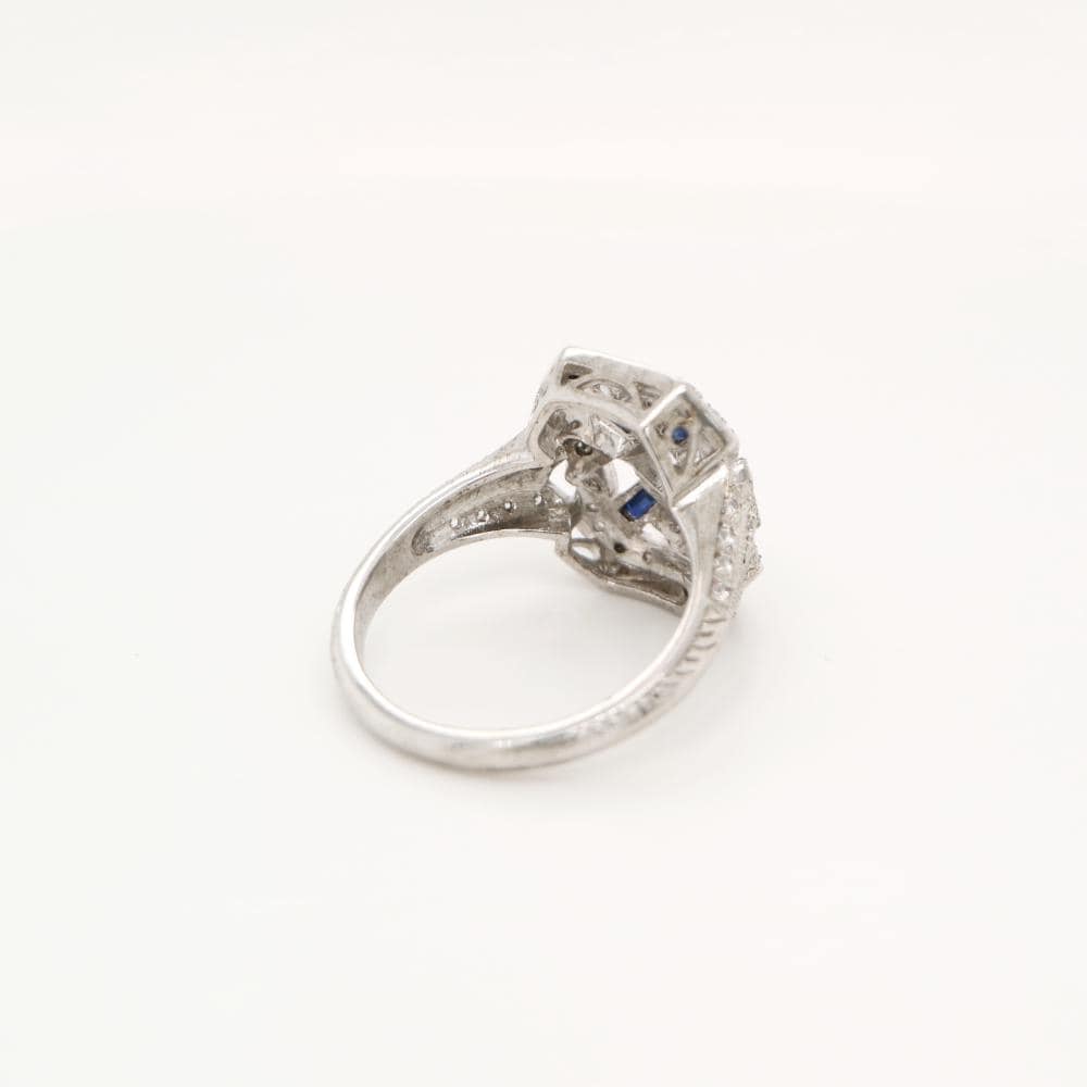 Shield ring with CZ center stone and Halo, with Sapphire Accents in Silver
