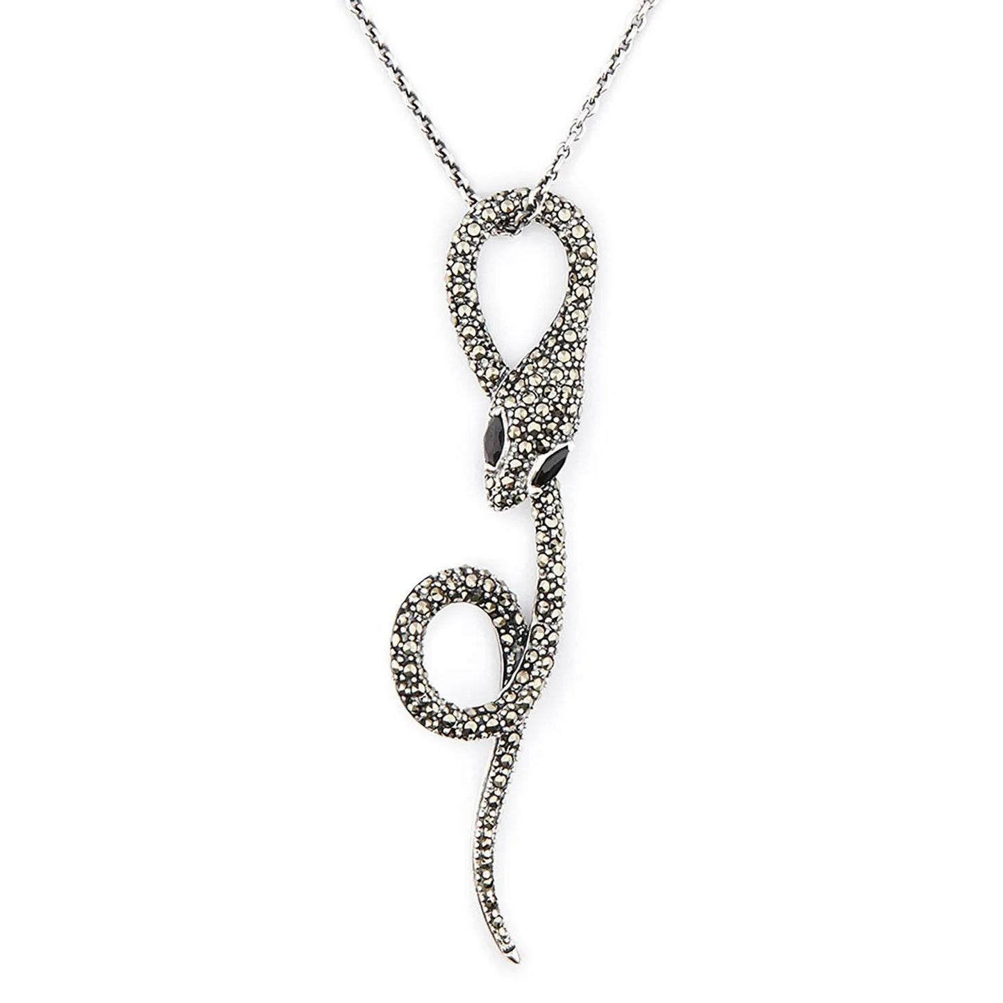 Art Deco Snake Pendant Necklace in Marcasite, Onyx and Sterling Silver