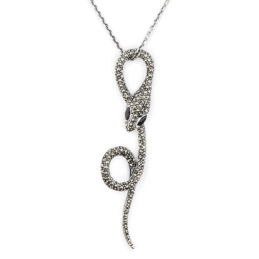 Art Deco Snake Pendant Necklace in Marcasite, Onyx and Sterling Silver