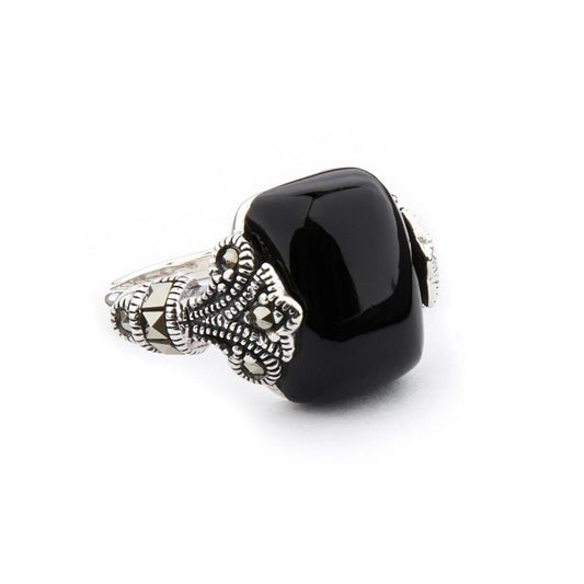 Art Deco Ring in Black Onyx, Marcasite and Sterling Silver,Antique inspired Jewelry, Gemetric Statement ring,Unique Gifts for her