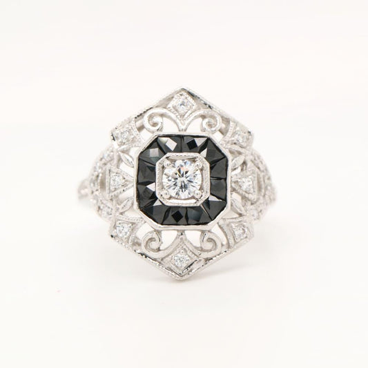 French Cut Onyx Cocktail Ring in White Gold with Diamond
