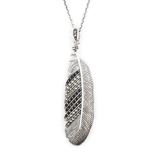 Feather Pendant Necklace in Marcasite, Black Onyx and Sterling Silver