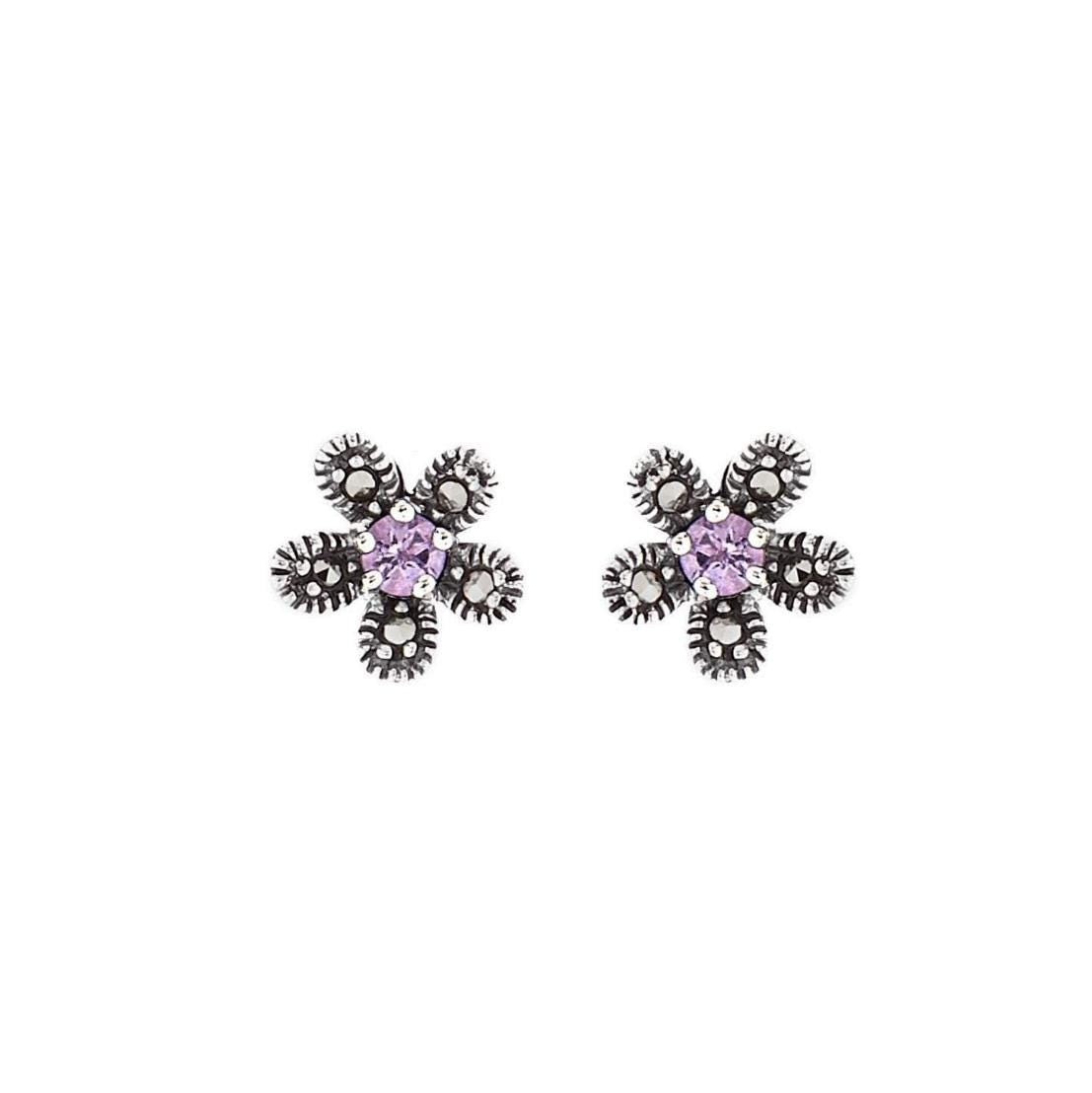 Flower Stud Earrings in Blue Topaz, Marcasite and Sterling Silver