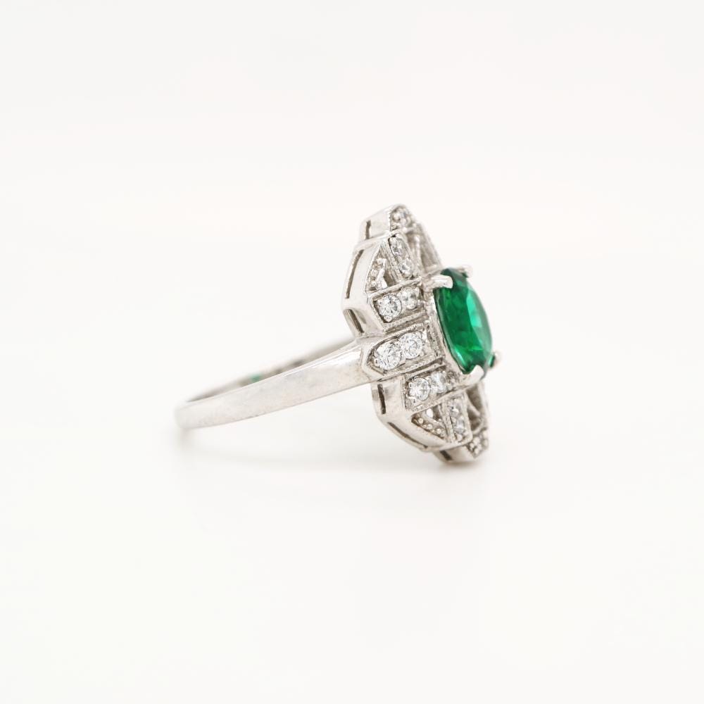 Art Deco Emerald ring in Sterling Silver with CZ, Art Deco Emerald ring in White Gold with Diamond