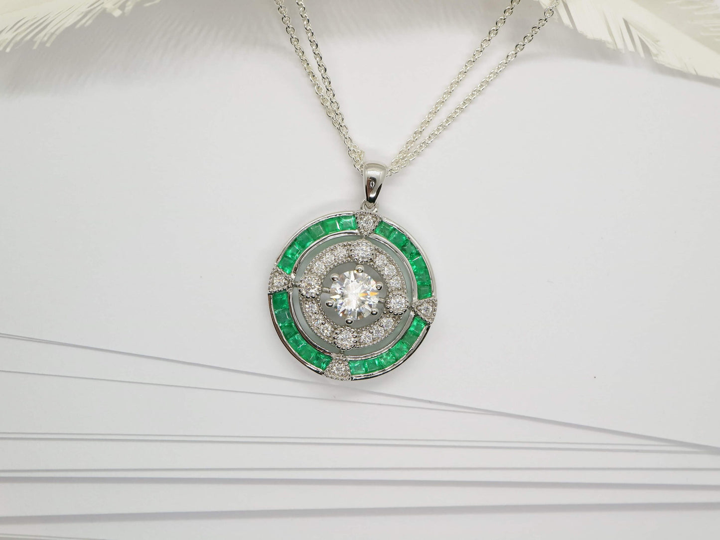 18k white gold natural emerald halo pendent, Vintage emerald diamond pendent, Anniversary gifts