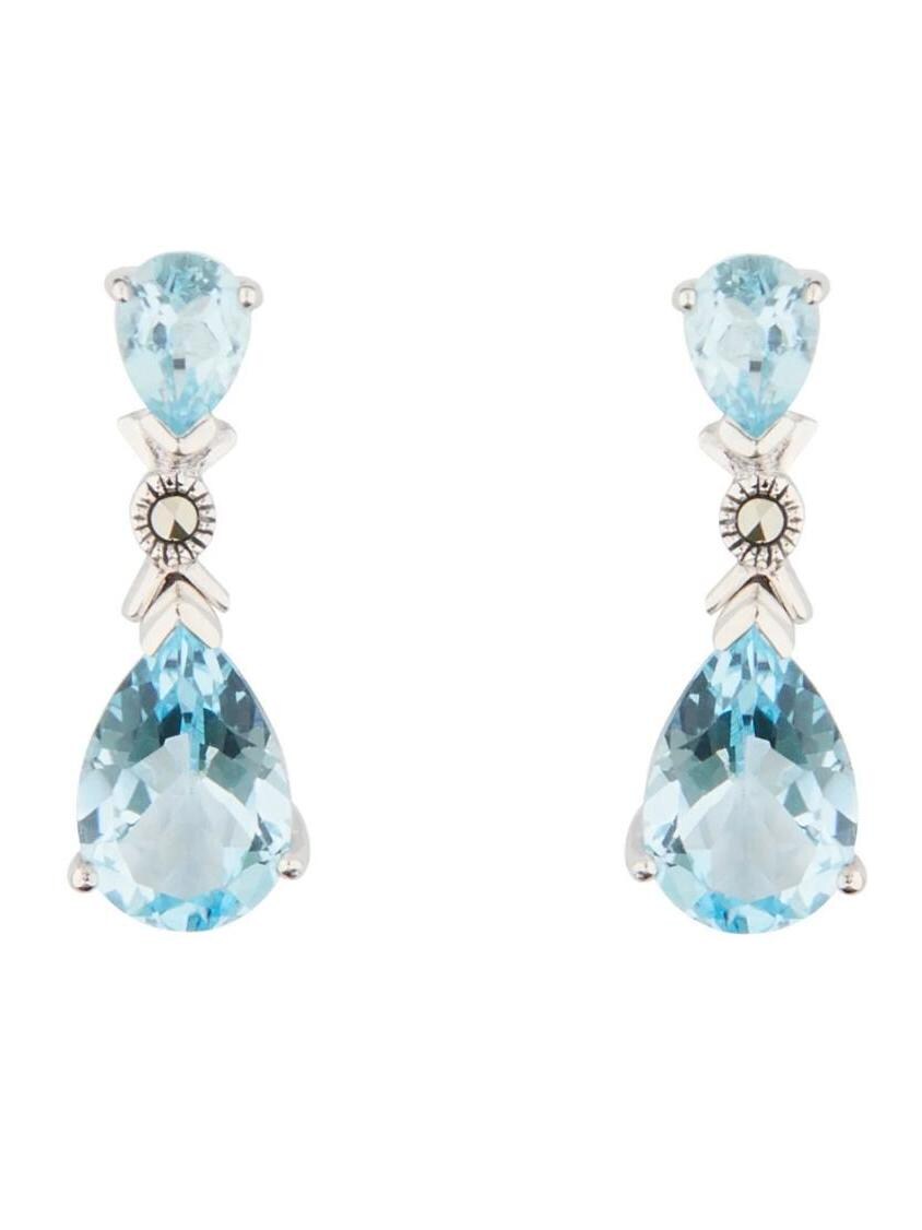 Art Deco Drop Earrings in Blue Topaz, Marcasite and Sterling Silver