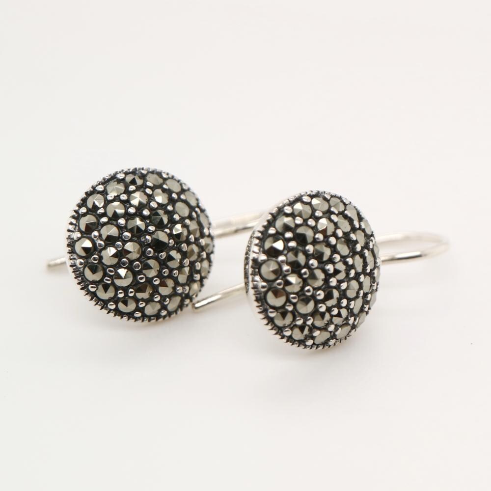 Pave Style Round Hook Earrings in Marcasite and Sterling Silver