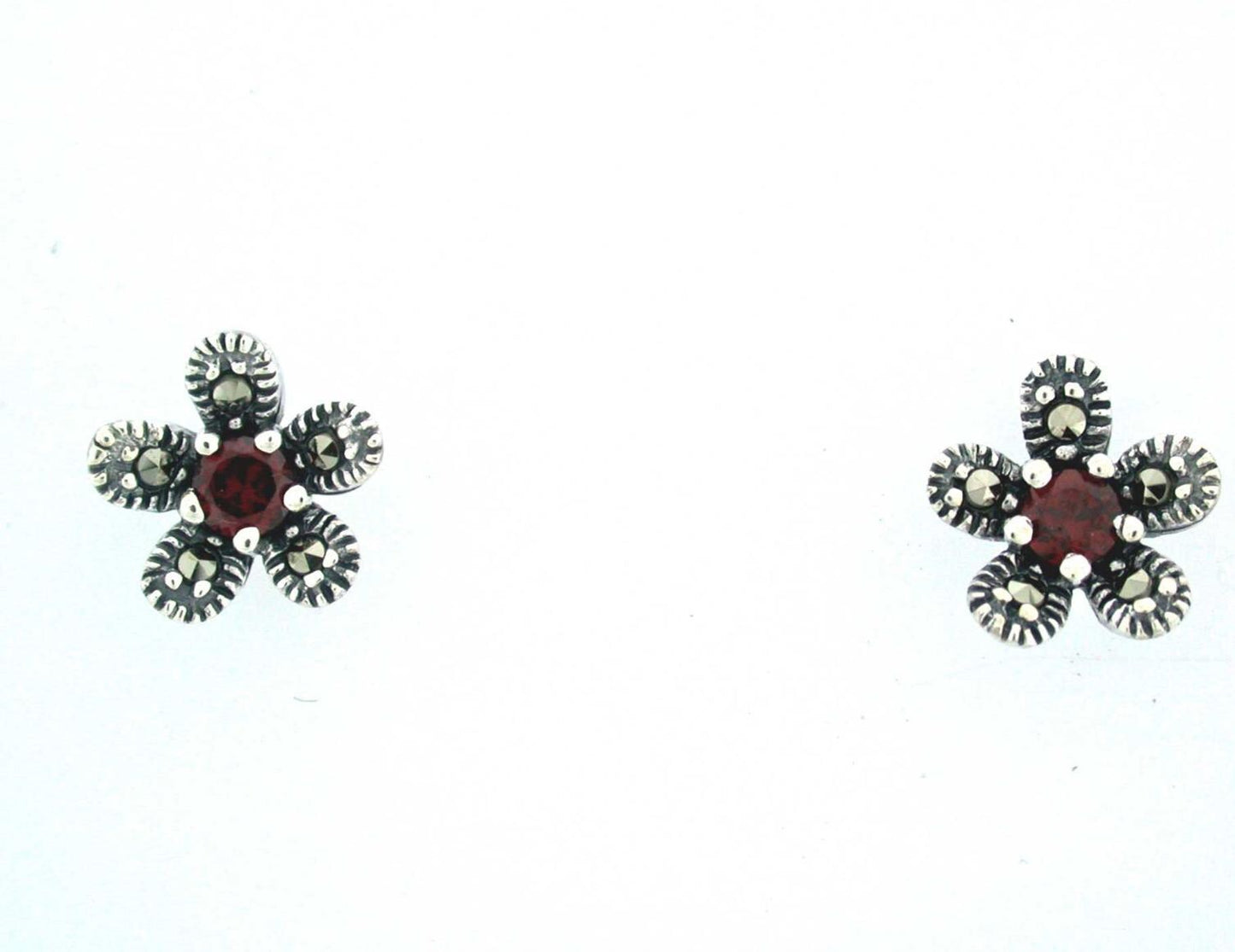 Flower Stud Earrings in Blue Topaz, Marcasite and Sterling Silver